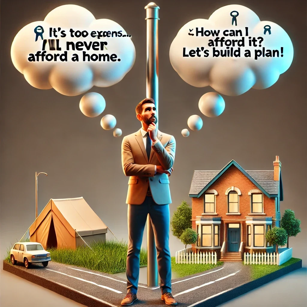 Illustration of a man at a crossroads, choosing between two mindsets about homeownership. The left path, labeled "Renting & Doubt," shows hesitation and financial uncertainty with a rental apartment or tent. The right path, labeled "Homeownership & Wealth," features confidence and success, with the man holding house keys next to his new home. Thought bubbles highlight limiting beliefs vs. a growth mindset, emphasizing the impact of financial planning and decision-making in achieving homeownership