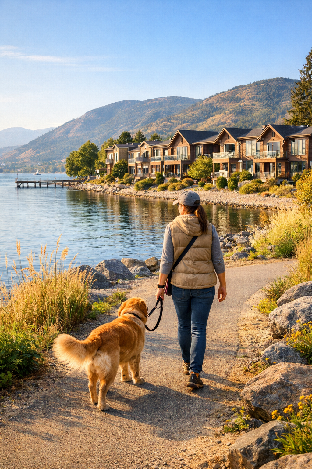 Pet-friendly townhomes in Penticton near Okanagan Lake with dog owner walking along the waterfront path, made by Riccardo Manazza with My Property Central Real Estate Group in Penticton BC and brokered by eXp Realty.