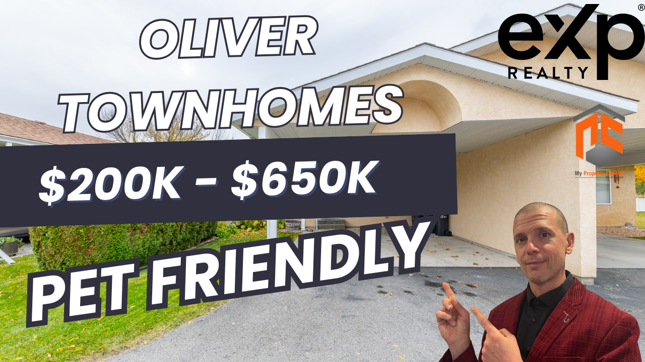 Riccardo Manazza pointing at Oliver BC townhomes for sale — pet friendly homes from $200K to $650K — eXp Realty South Okanagan